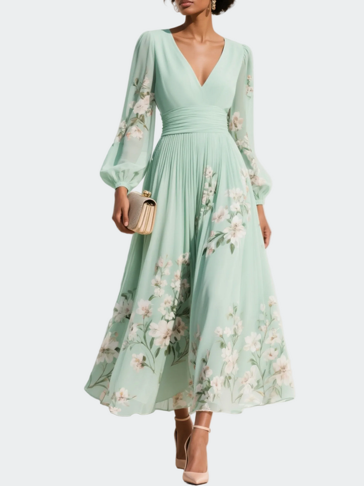 Lucija - Robe Midi en Chiffon Vert Clair avec Plissé Floral