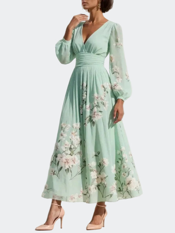 Lucija - Robe Midi en Chiffon Vert Clair avec Plissé Floral