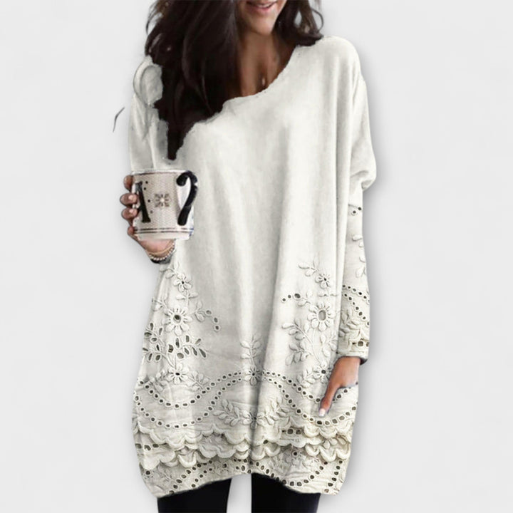 Romy - Pull blanc imprimé avec broderie
