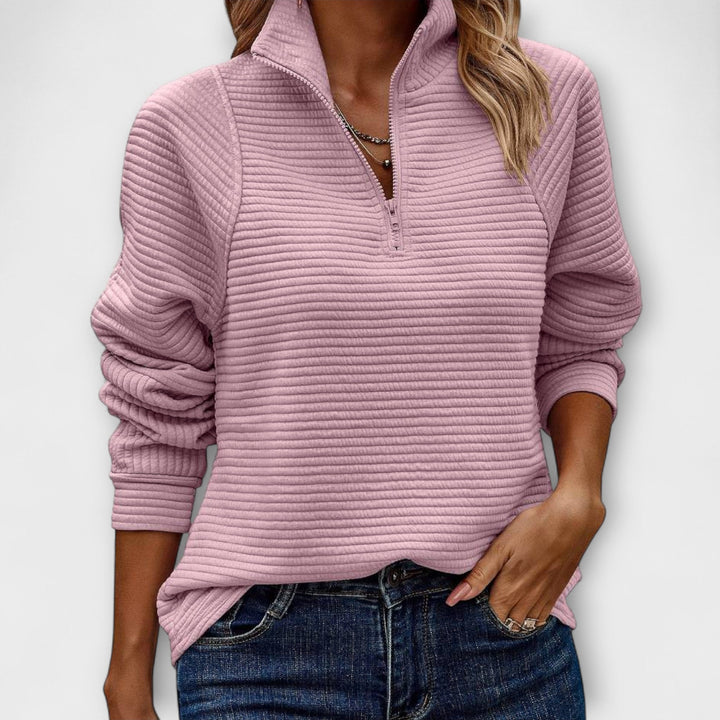 Sandrine - Pull à demi-zip en rose avec motif en côtes