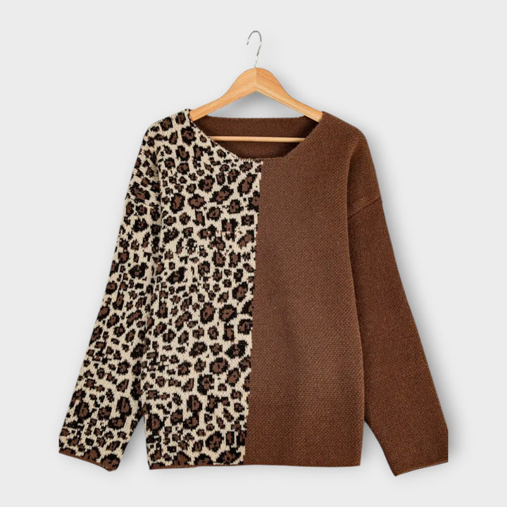 Marine - Pull brun avec manches léopard