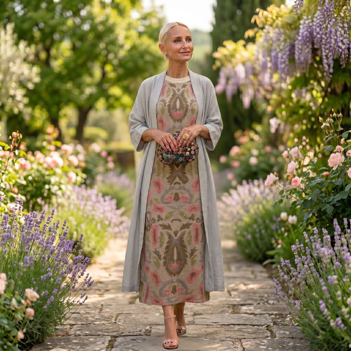 Daniela - Robe longue à motif floral avec gilet ajusté