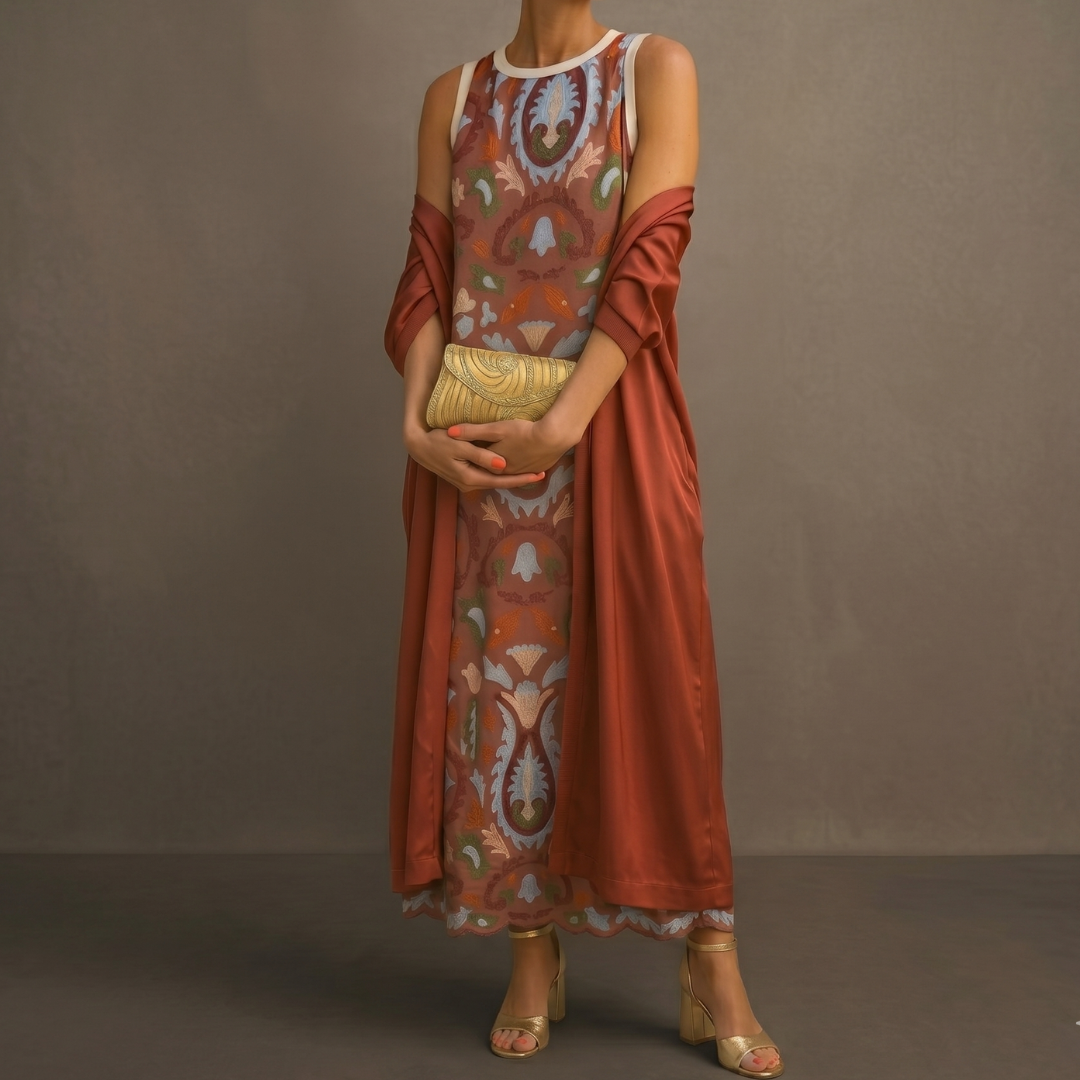 Daniela - Robe longue à motif floral avec gilet ajusté