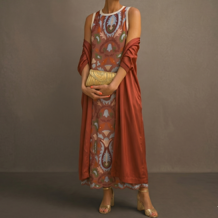 Daniela - Robe longue à motif floral avec gilet ajusté