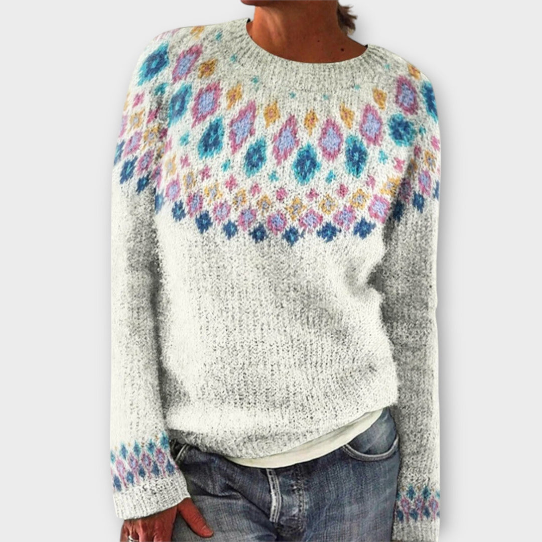 Romy - Pull en velours côtelé couleur pétrole avec motif norvégien