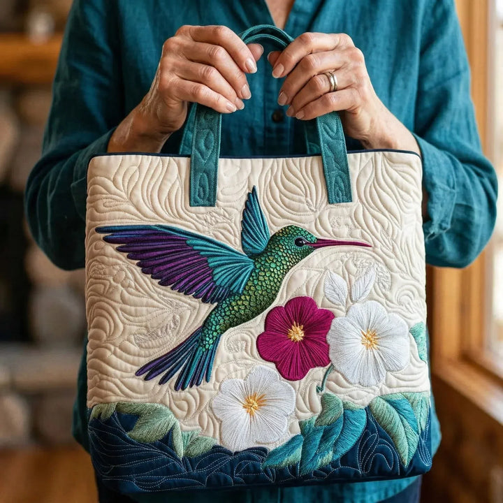 Sac tote matelassé - Colibri et Fleurs Blanches