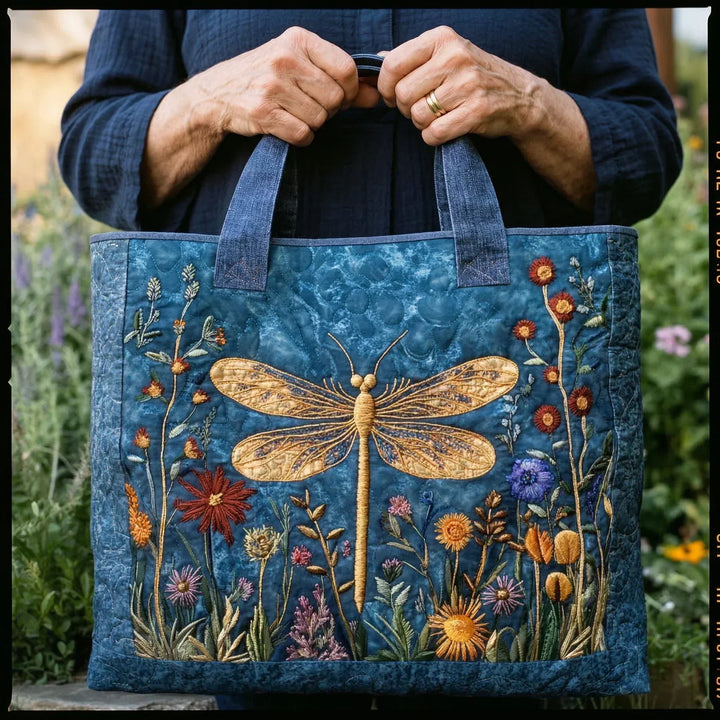 Sac tote matelassé - motif avec libellule dorée