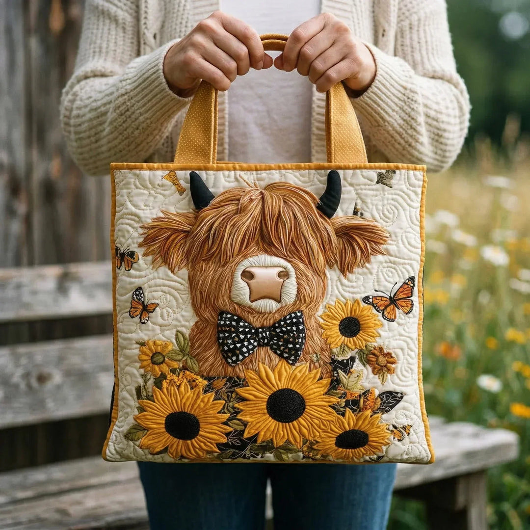 Sac tote matelassé - motif avec du bétail highland et des tournesols