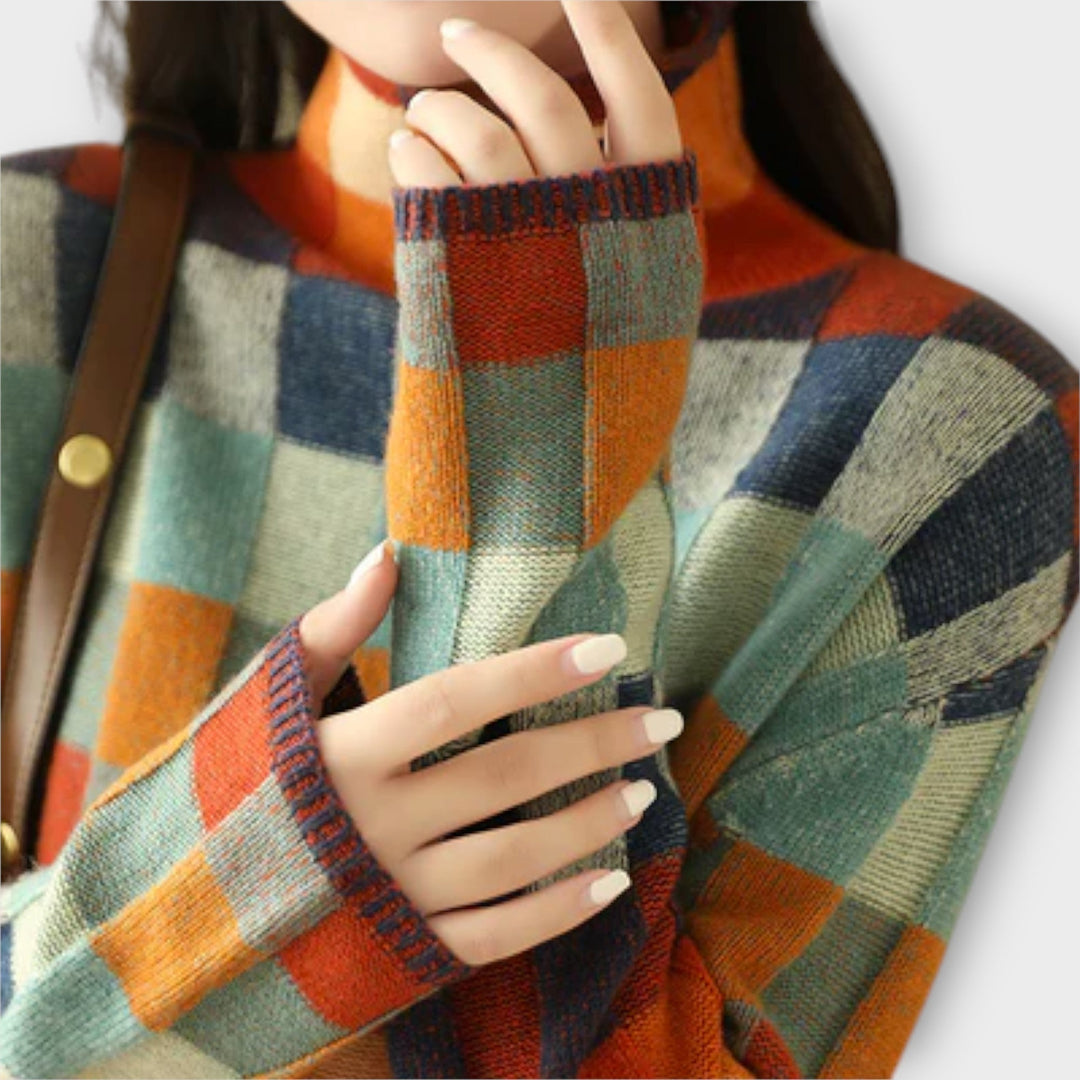 Érica - Pull à col roulé en patchwork coloré avec motif à carreaux