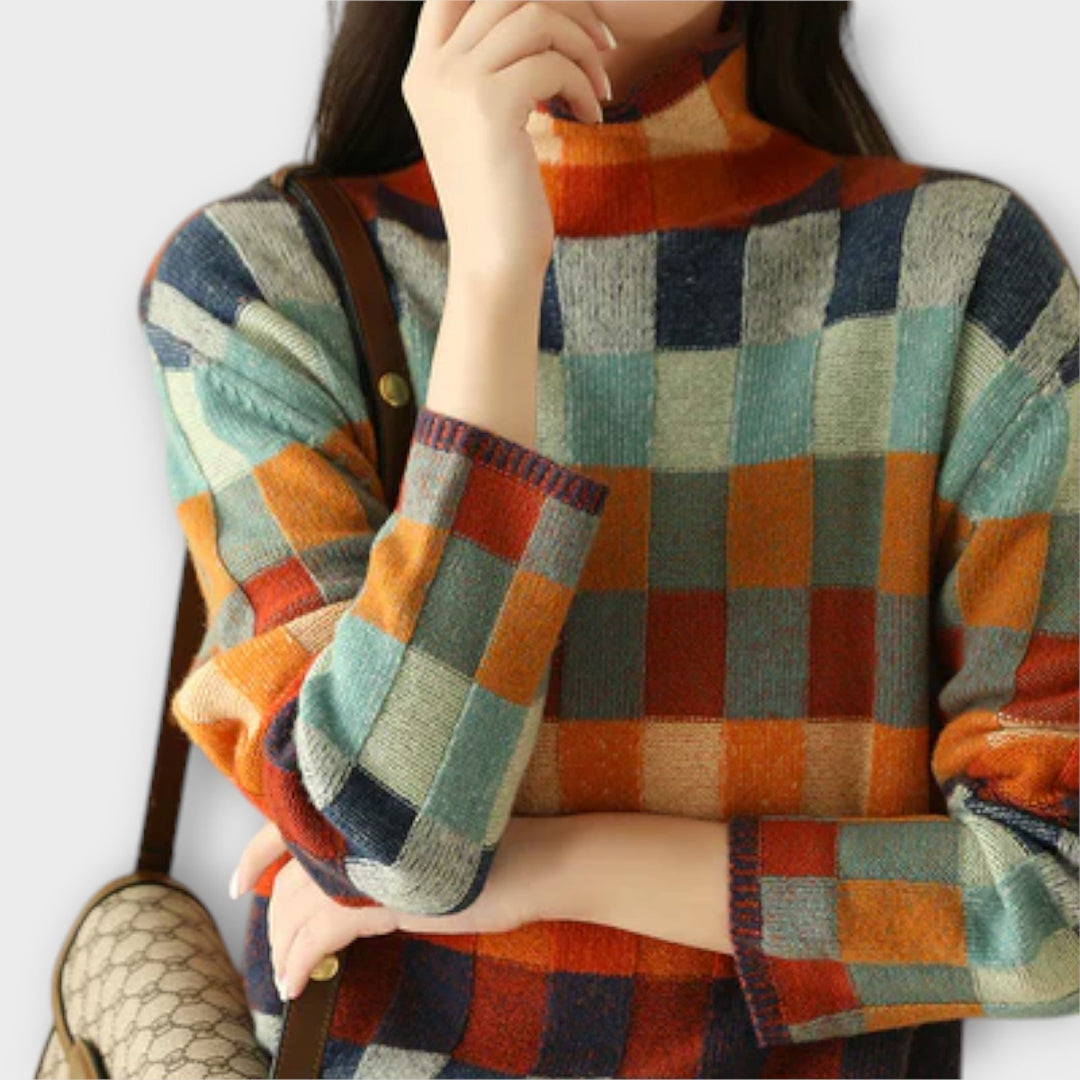 Érica - Pull à col roulé en patchwork coloré avec motif à carreaux
