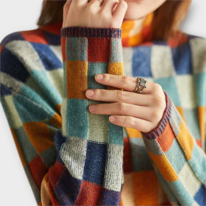 Érica - Pull à col roulé en patchwork coloré avec motif à carreaux