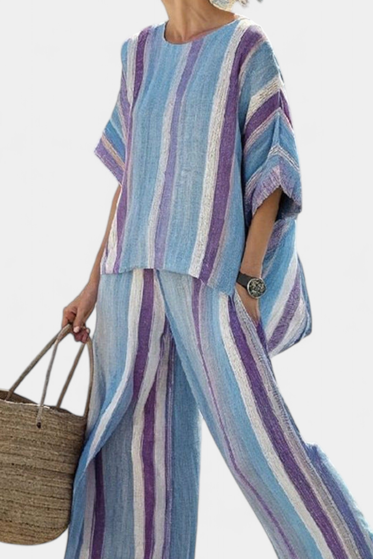 Laura | Ensemble Daisy Rayures Bleu Violet Élégant