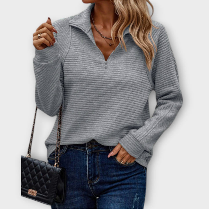 Sandrine - Pull à demi-zip en rose avec motif en côtes