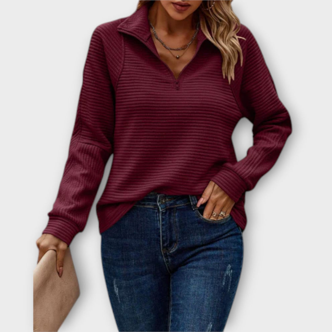Sandrine - Pull à demi-zip en rose avec motif en côtes