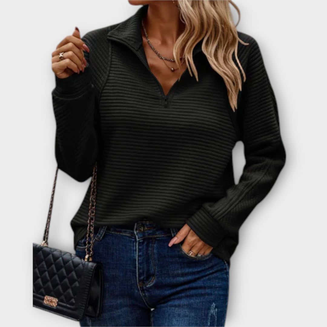 Sandrine - Pull à demi-zip en rose avec motif en côtes