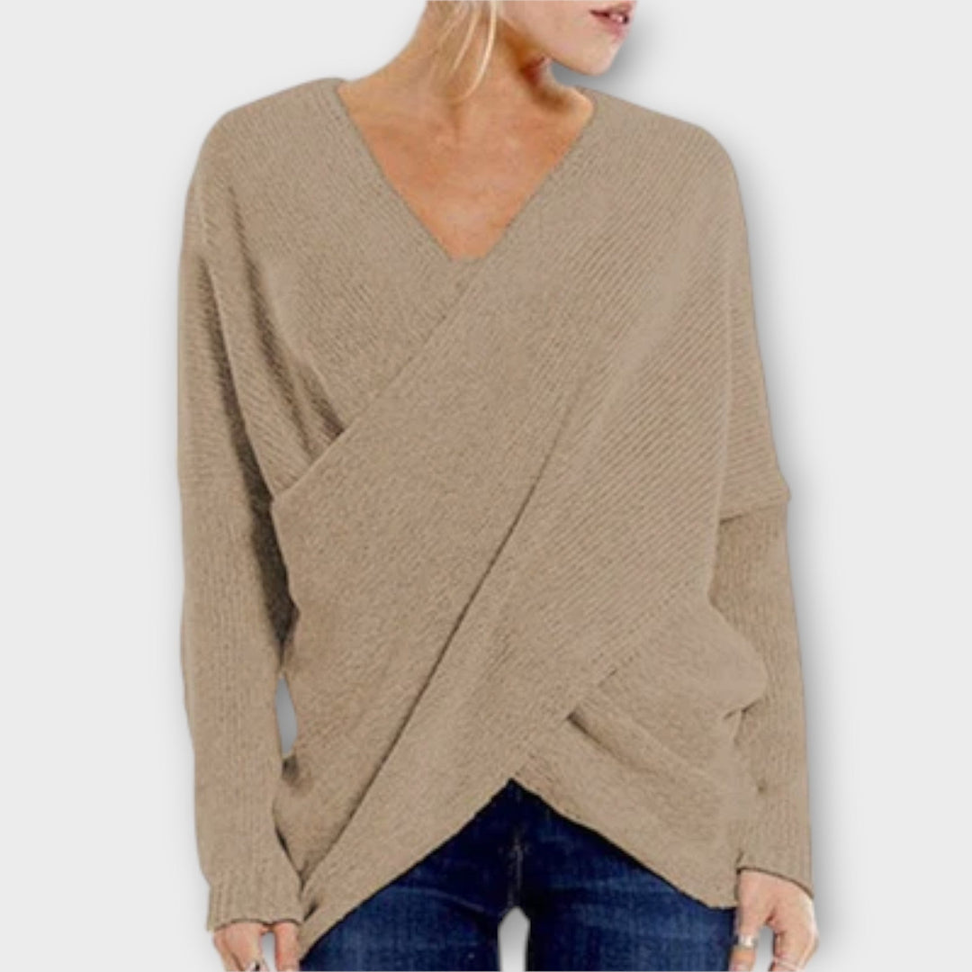 Hélène - Pull croisé vert avec décolleté en V